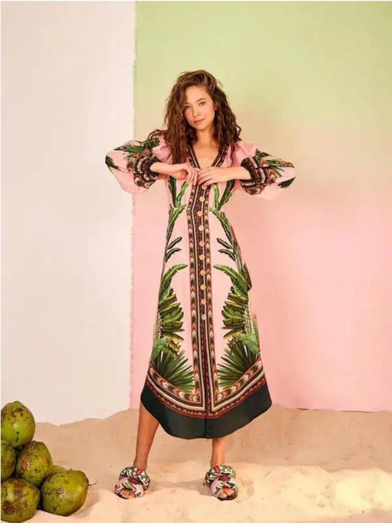 FARM Rio Dresses & Skirts - FARM RIO Amazonia Forest Linen Blend Tropical Maxi Dress S